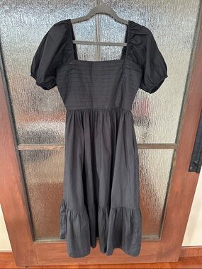Black Puff Sleeve Midi Dress - Classic Square Neck